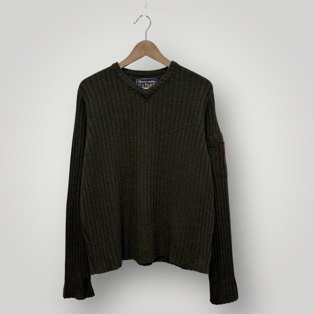 Abercrombie Fitch Mens Green Ribbed V Neck Long Sleeve Sweater L